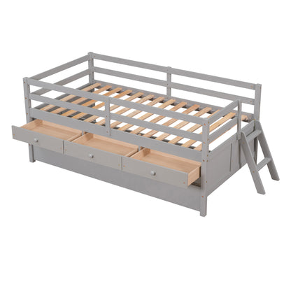 Low Loft Bed Twin Size with Full Safety Fence, Climbing ladder, Storage Drawers and Trundle Gray Solid Wood Bed