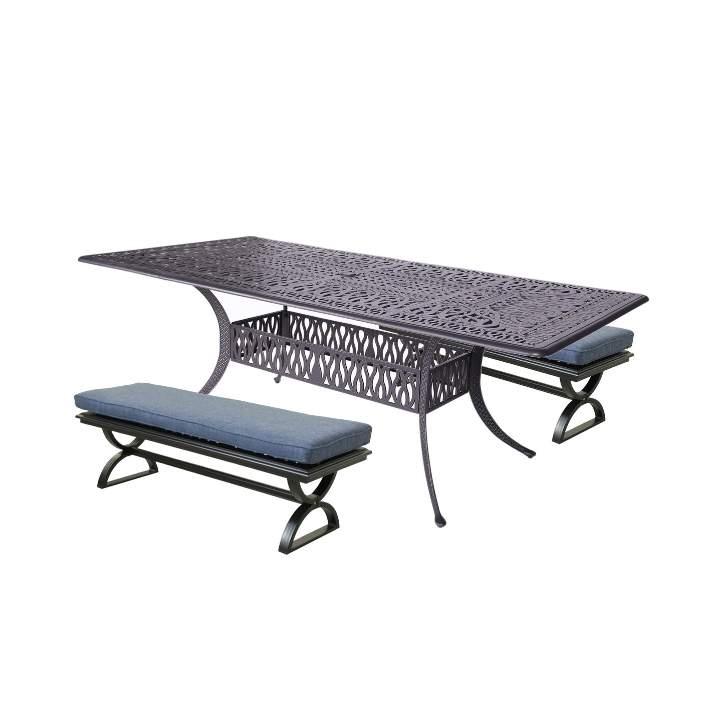 3 Piece Outdoor Aluminum Dining Set, Rectangular table and Benches, Navy Blue