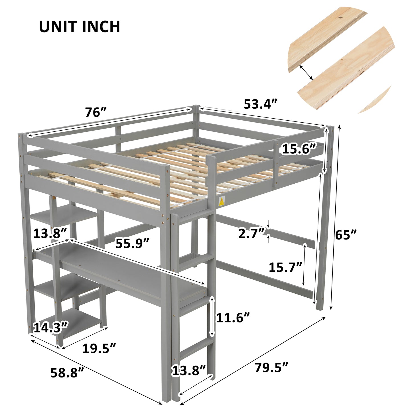 Full Loft Bed with Desk and Shelves,Gray