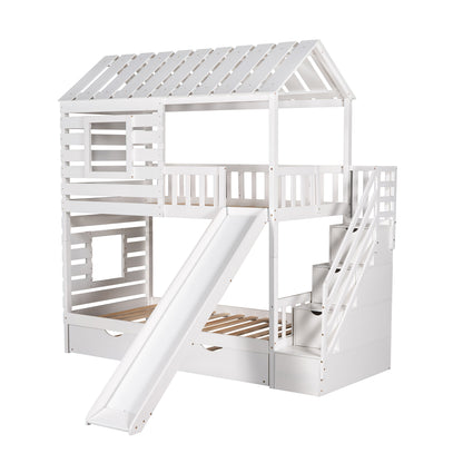 Twin over Twin House Bunk Bed with Trundle and Slide, Storage Staircase,Roof and Window Design, White