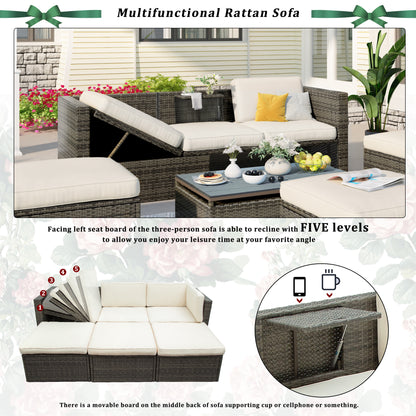 U_STYLE Patio Furniture Sets, 5-Piece Patio Wicker Sofa with Adustable Backrest, Cushions, Ottomans and Lift Top Coffee Table