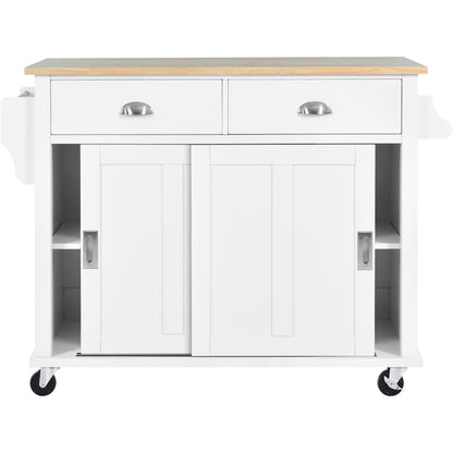 K&K Kitchen Cart with Rubber wood Drop-Leaf Countertop, Concealed sliding barn door adjustable height,Kitchen Island on 4 Wheels with Storage Cabinet and 2 Drawers,L52.2xW30.5xH36.6 inch, White