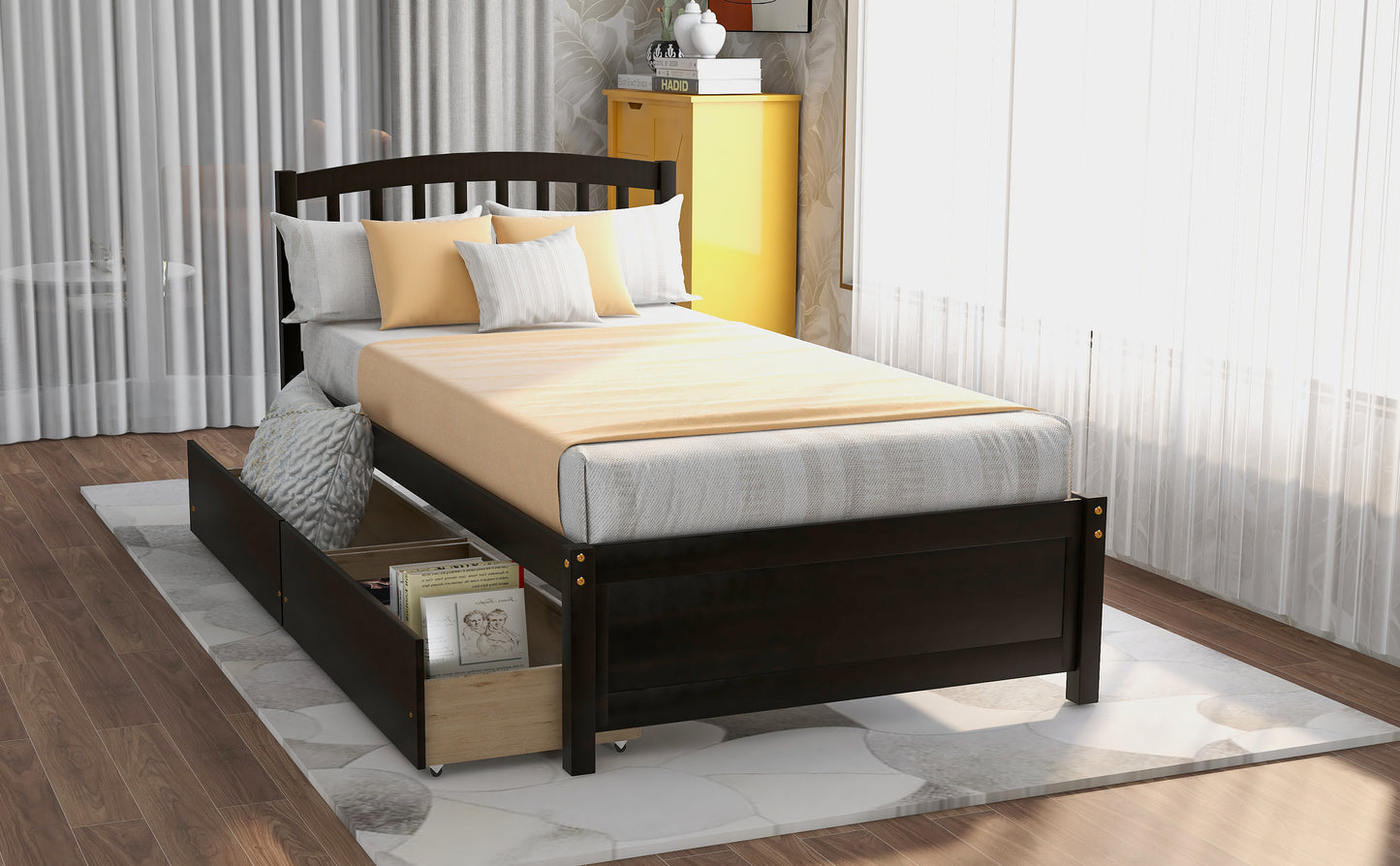 Twin Platform Storage Bed Wood Bed Frame with Two Drawers and Headboard, Espresso（Previous SKU: SF000062PAA）
