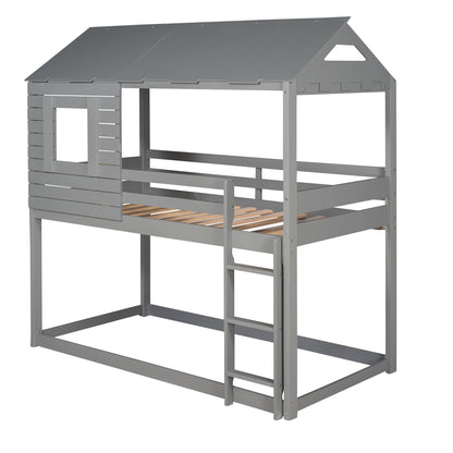 Twin Over Twin Bunk Bed Wood Loft Bed with Roof, Window, Guardrail, Ladder (Gray) (OLD SKU :LP000062AAE)