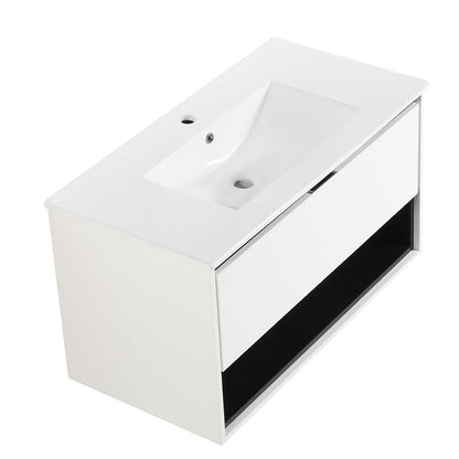 36 inches Wood Floating Bathroom Vanity Combo with Integrated Ceramic Sink and Soft Close Drawer