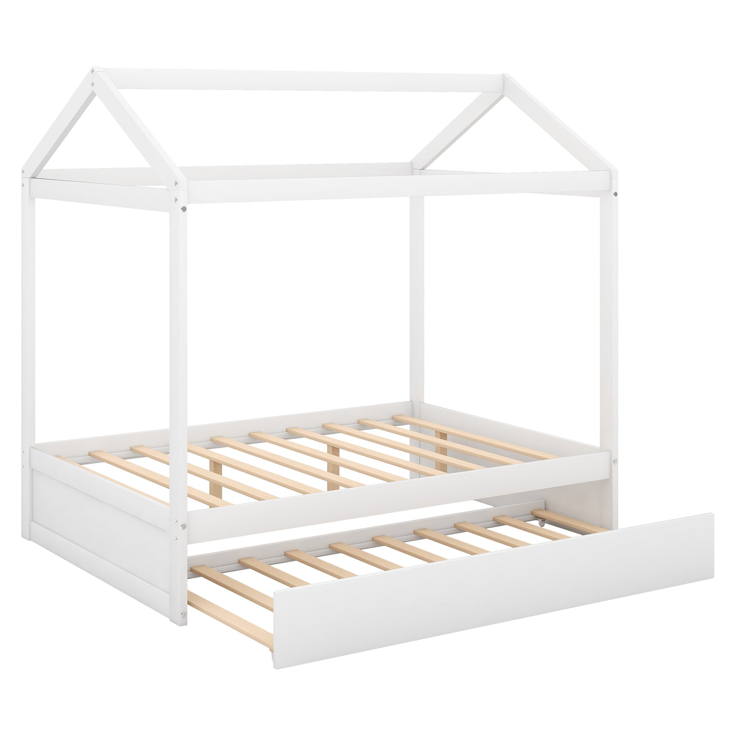 Full Size House Bed with Trundle,Support Legs,White