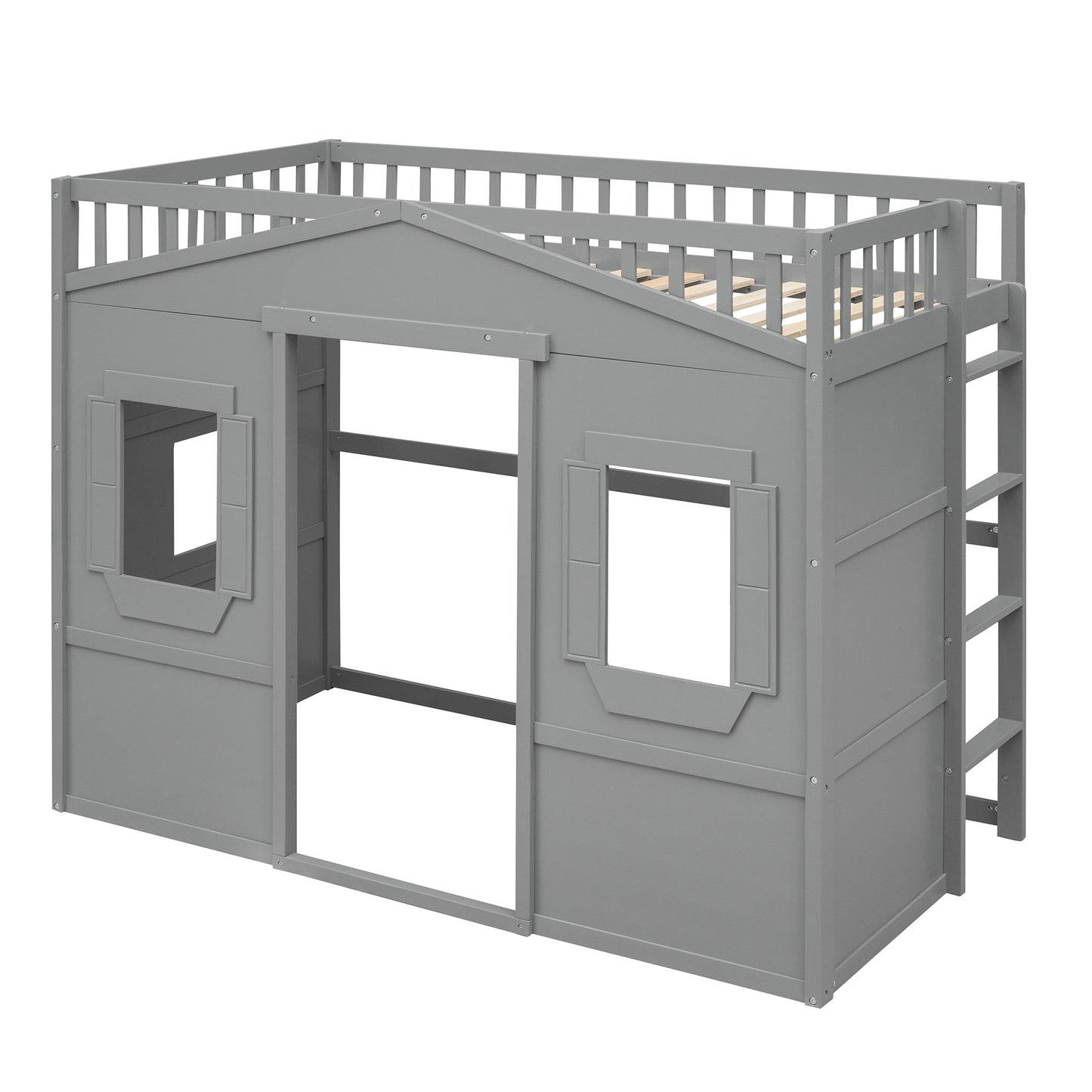 Twin Size House Loft Bed With Ladder-Gray