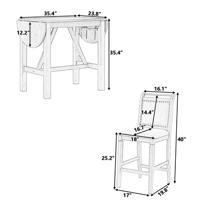 TOPMAX 3-Piece Wood Counter Height Drop Leaf  Dining Table Set with 2 Upholstered Dining Chairs for Small Place, Brown