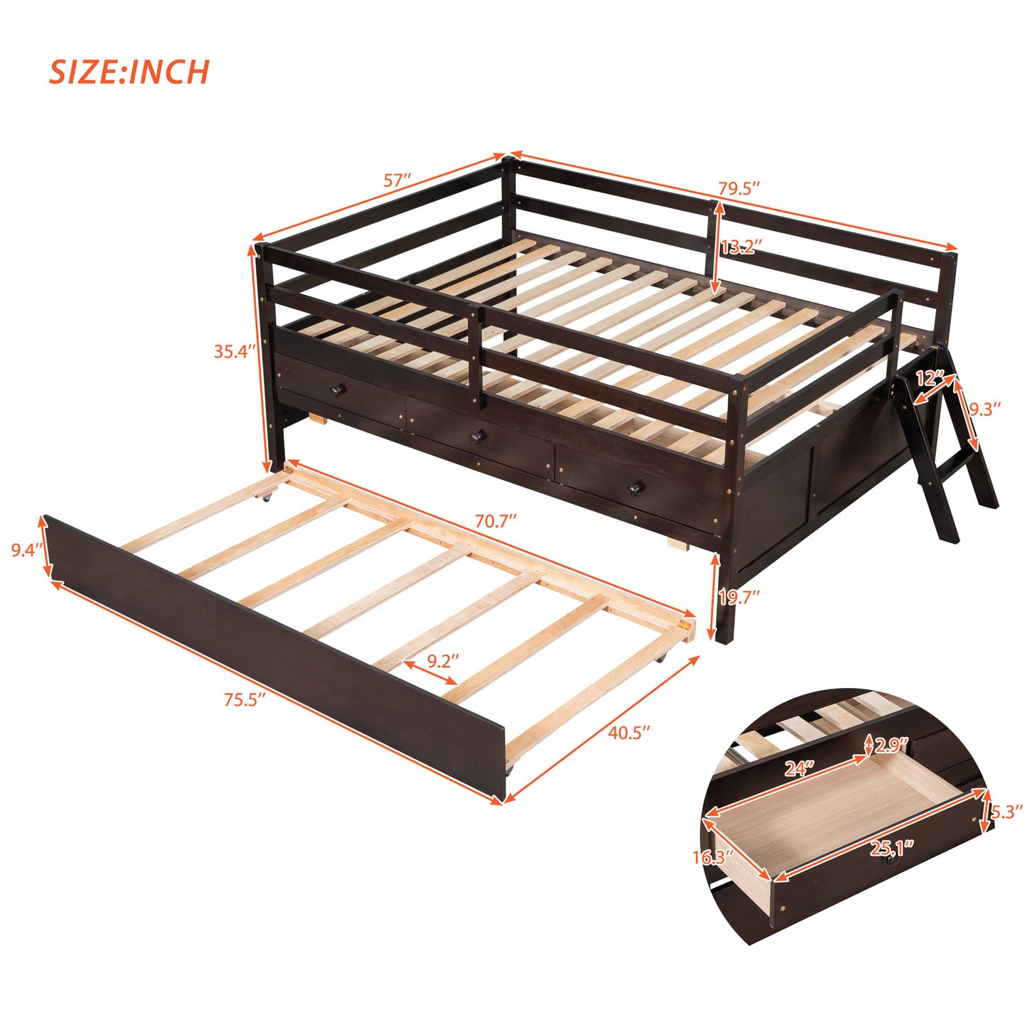 Low Loft Bed Full Size with Full Safety Fence, Climbing ladder, Storage Drawers and Trundle Espresso Solid Wood Bed