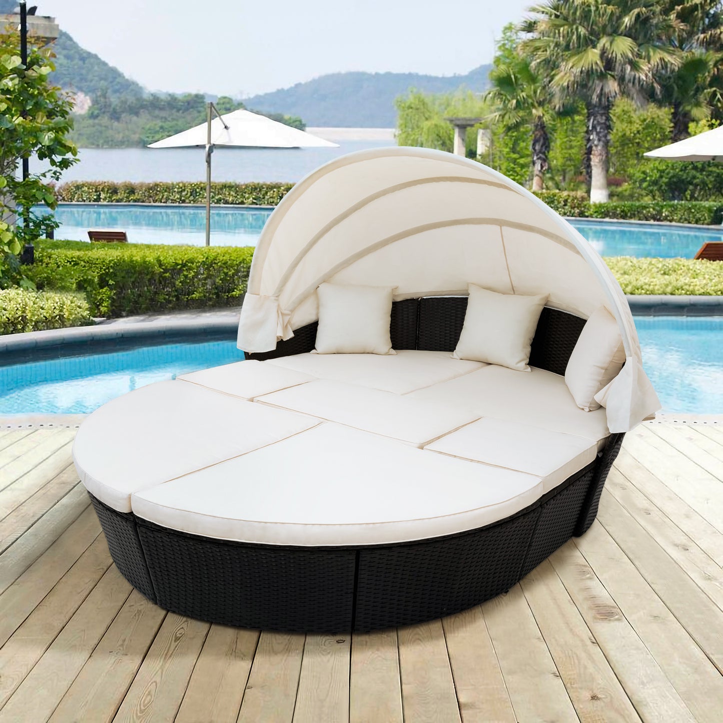 Outdoor rattan daybed sunbed with Retractable Canopy Wicker Furniture, Round Outdoor Sectional Sofa Set, black Wicker Furniture Clamshell  Seating with Washable Cushions, Backyard, Porch, Beige.