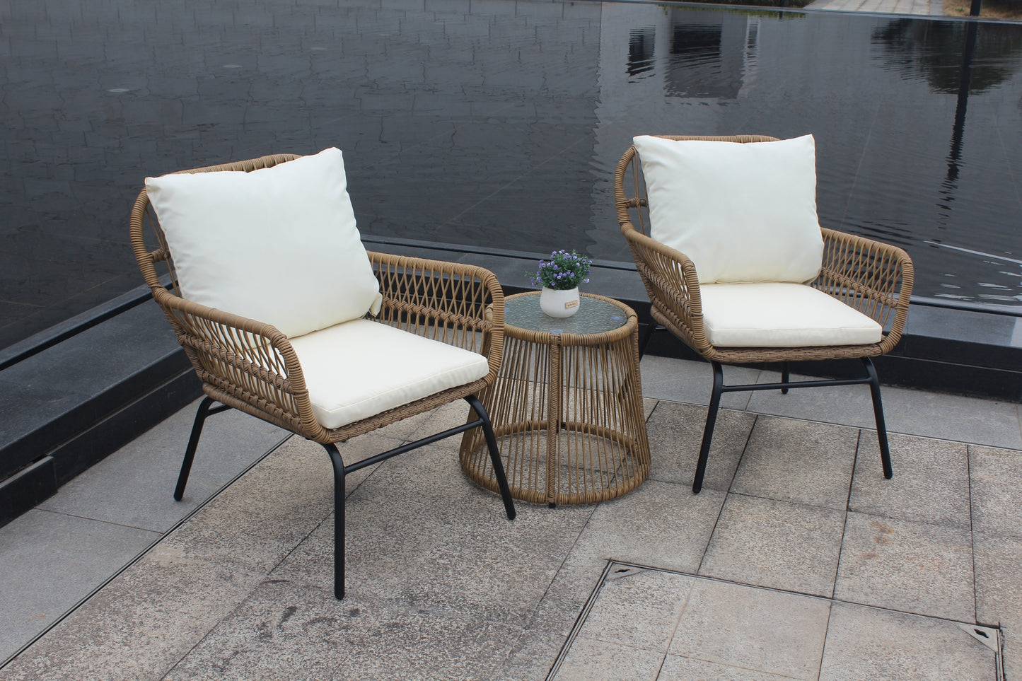 3PCS Outdoor Patio Balcony Natural Color Wicker Chair Set with Beige Cushion and Round Tempered Glass Table