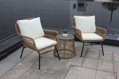 3PCS Outdoor Patio Balcony Natural Color Wicker Chair Set with Beige Cushion and Round Tempered Glass Table(New)