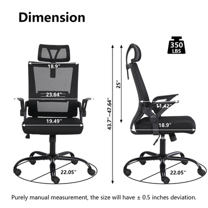 High Back Office Chair Ergonomic Desk Chair Flip Up Arms Mesh Computer Chair Height Adjustable Swivel Chair with Lumbar Support for Office, Home, School (Black）