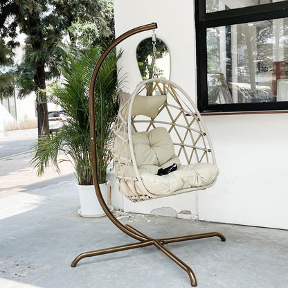 Swing Egg Chair with Stand Indoor Outdoor Wicker Rattan Patio Basket Hanging Chair with C Type bracket , with cushion and pillow,Patio Wicker folding Hanging Chair