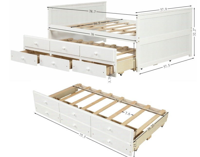 Full Captain Bed With Twin Size Trundle And 3 Drawers Made  By Solid Wood