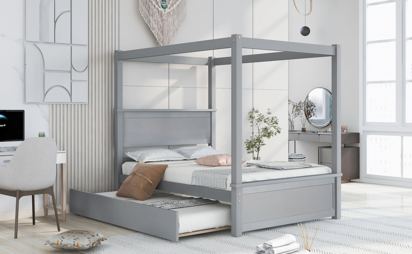 Wood Canopy Bed with Trundle Bed ,Full Size Canopy Platform bed With  Support Slats .No Box Spring Needed, Brushed Gray