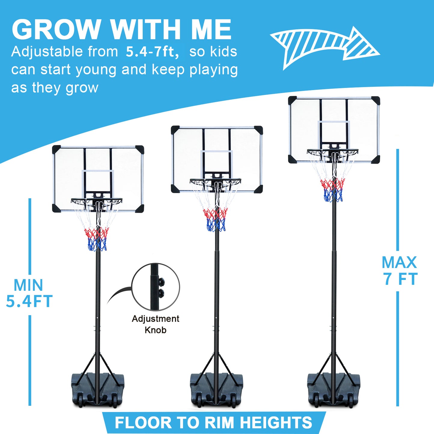 Portable Basketball Hoop Stand w/Wheels for Kids Youth Adjustable Height 5.4ft - 7ft Use for Indoor Outdoor Basketball Goals Play Set