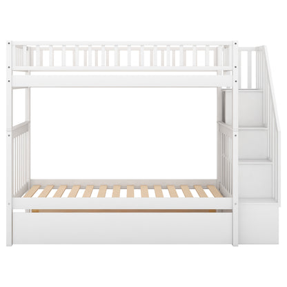 Twin over Twin Bunk Bed with Trundle and Storage, White