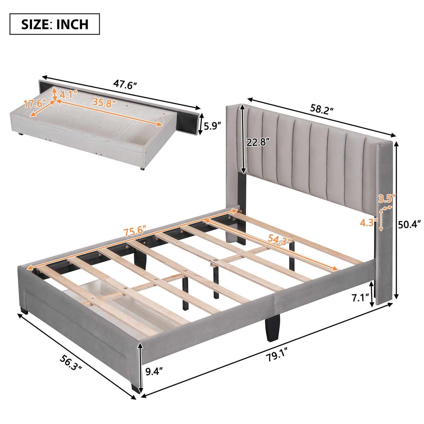 Full Size Storage Bed Velvet Upholstered Platform Bed with a Big Drawer - Gray