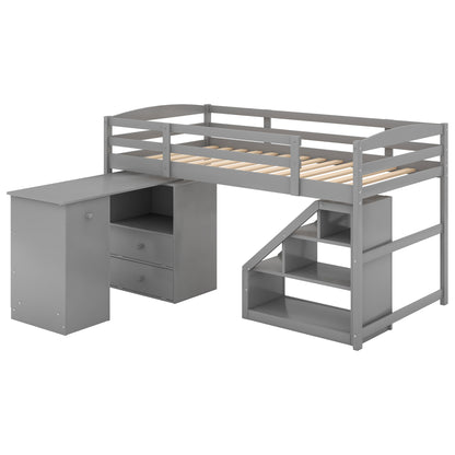 Twin Size Loft Bed with Multifunctional Movable Built-in Desk and and Staircase,Gray(OLD SKU:GX000925AAK)