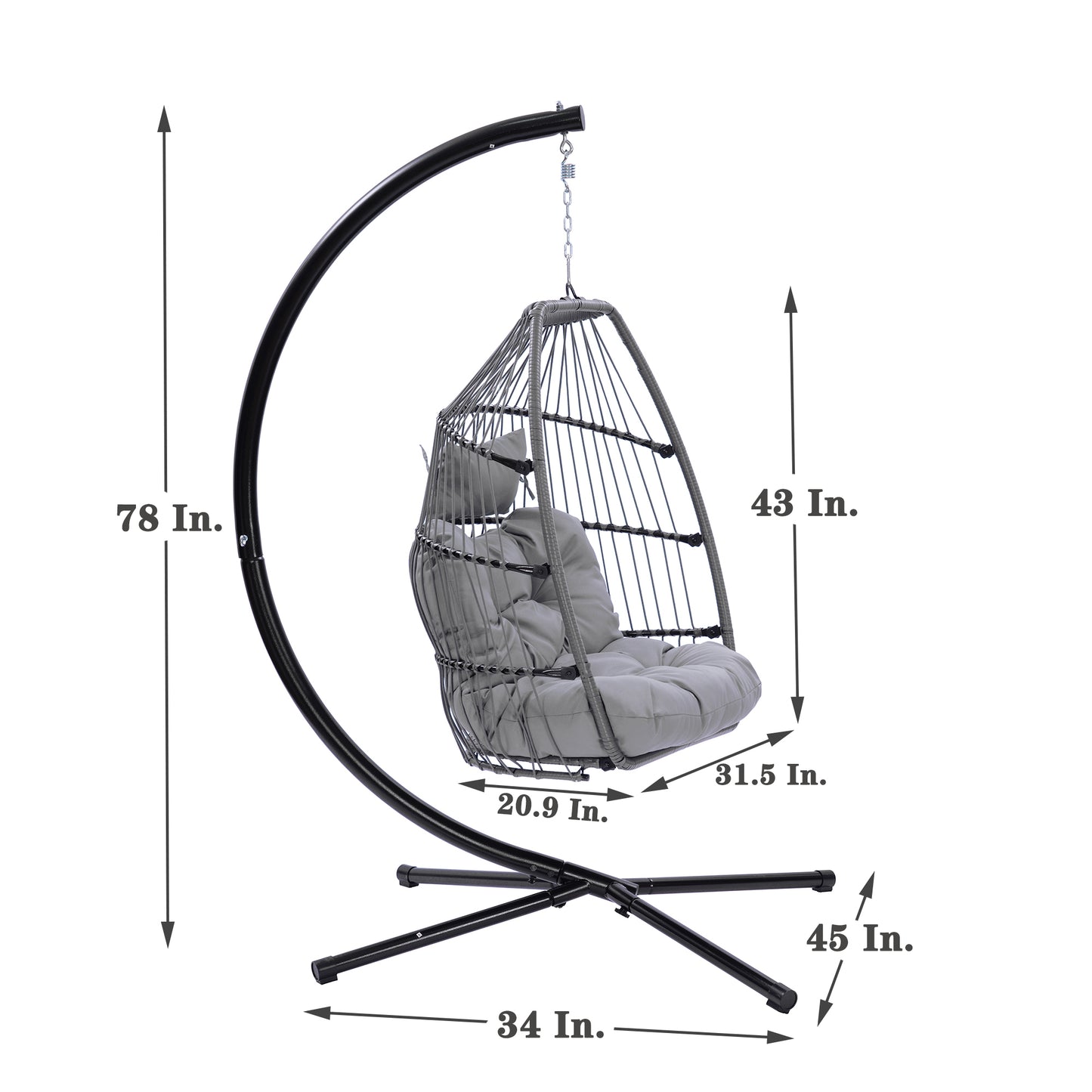 Outdoor Patio Wicker Folding Hanging Chair,Rattan Swing Hammock Egg Chair With C Type Bracket, With Cushion And Pillow