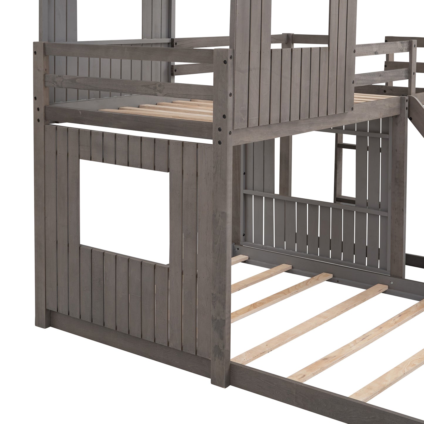 Wooden Twin Over Full Bunk Bed, Loft Bed with Playhouse, Farmhouse, Ladder, Slide and Guardrails, White(OLD SKU :LT000028AAE)