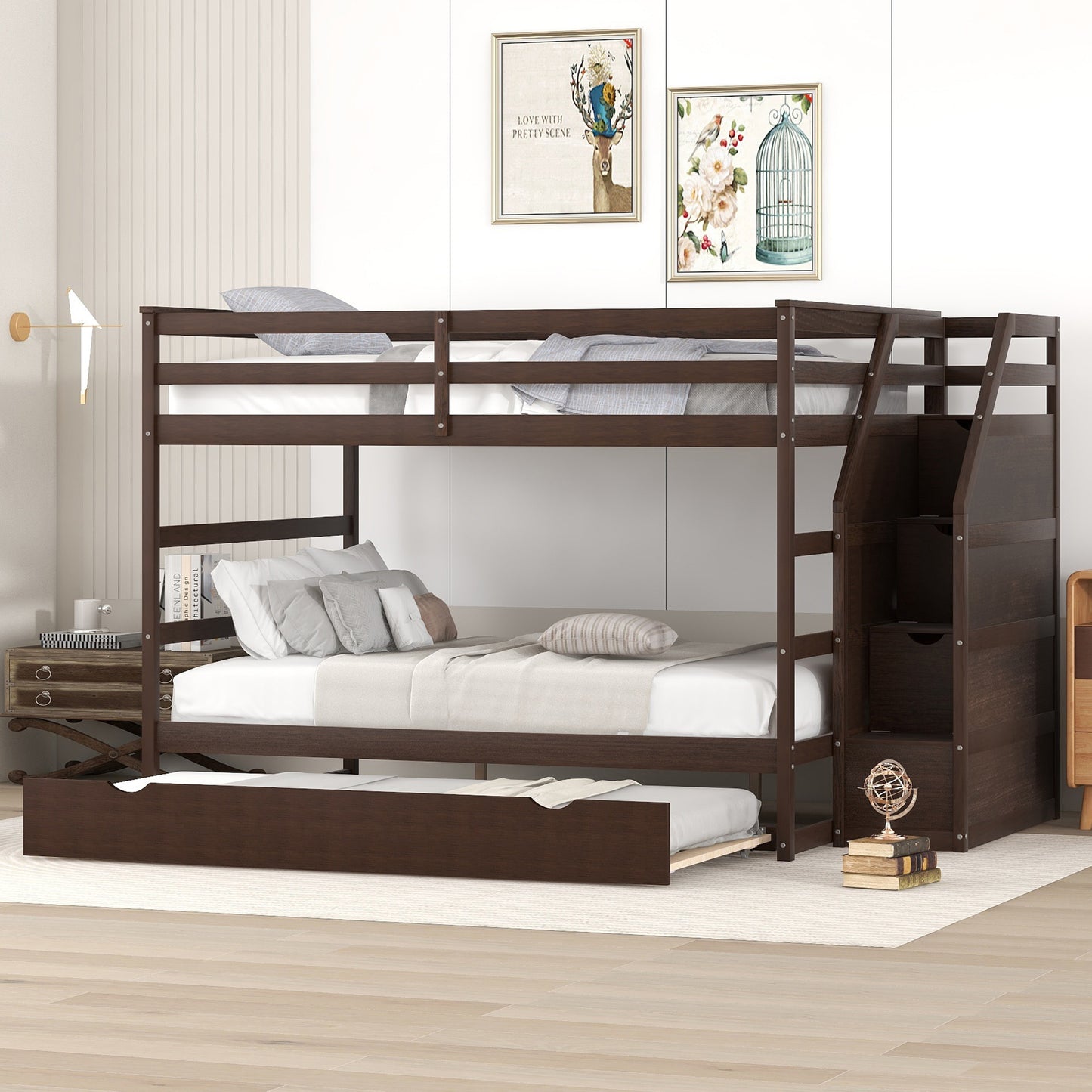 Full-over-Full Bunk Bed with Twin Size Trundle and 3 Storage Stairs,Espresso