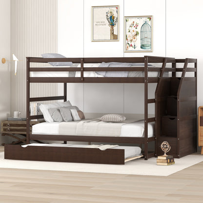 Full-over-Full Bunk Bed with Twin Size Trundle and 3 Storage Stairs,Espresso