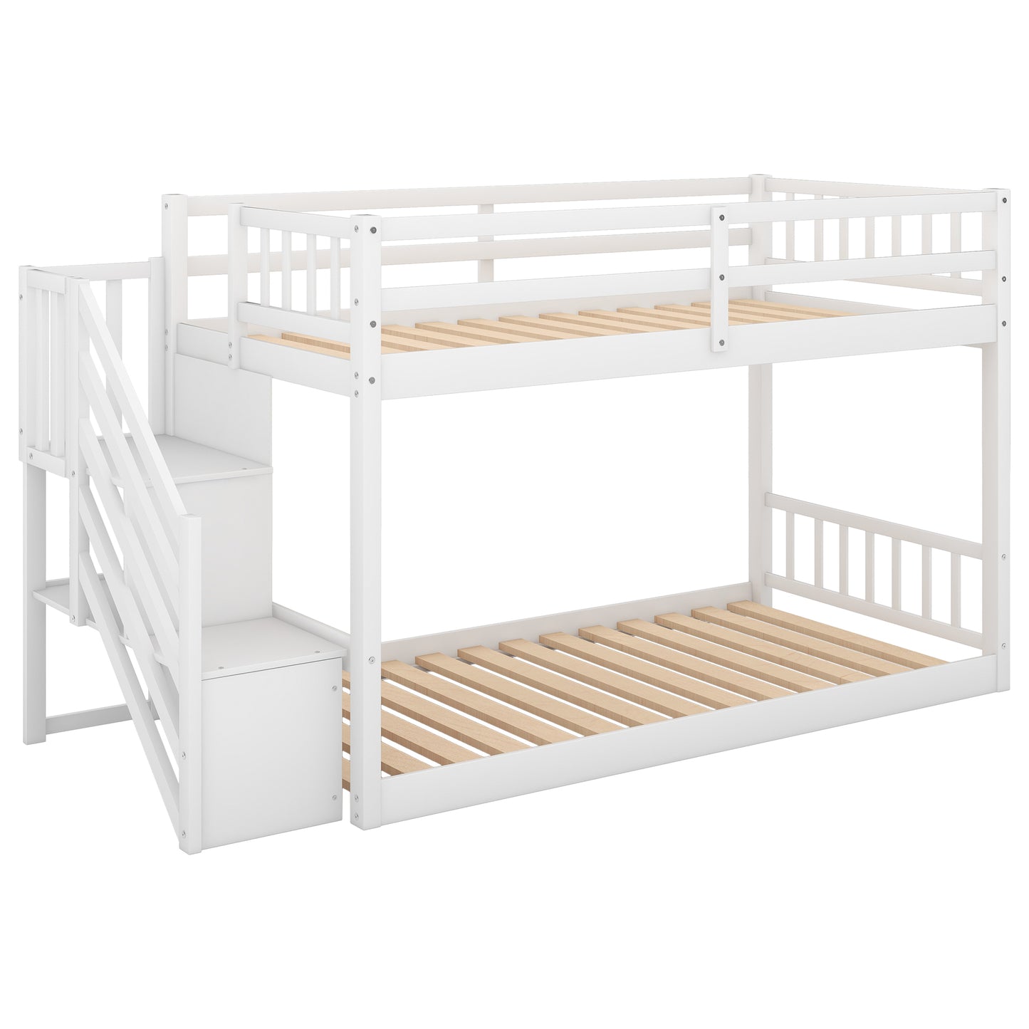 Twin over Twin Floor Bunk Bed, Ladder with Storage, White