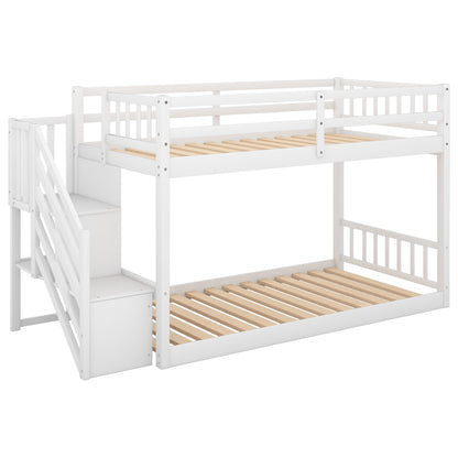 Twin over Twin Floor Bunk Bed, Ladder with Storage, White