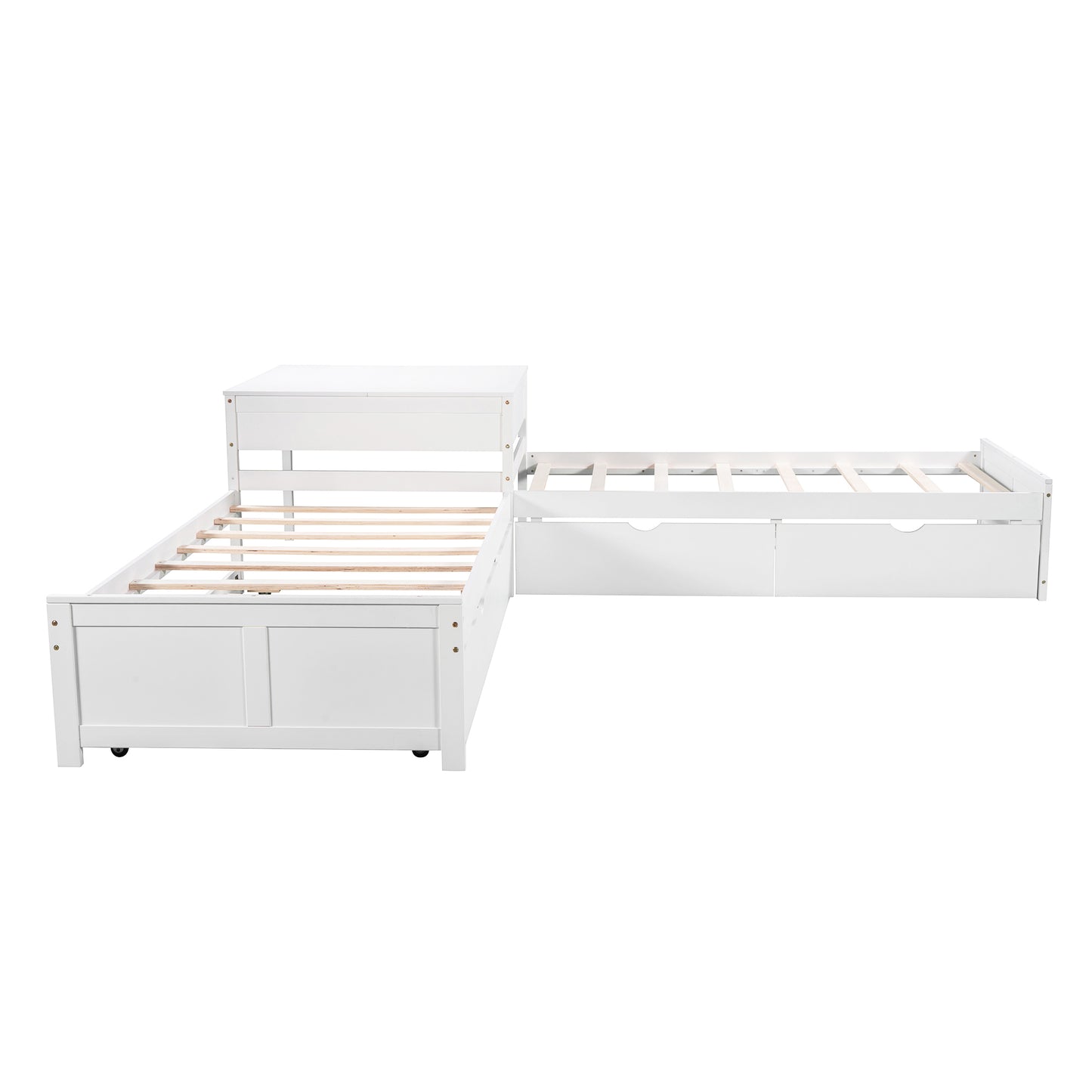 L-shaped Platform Bed with Trundle and Drawers Linked with built-in Desk,Twin,White