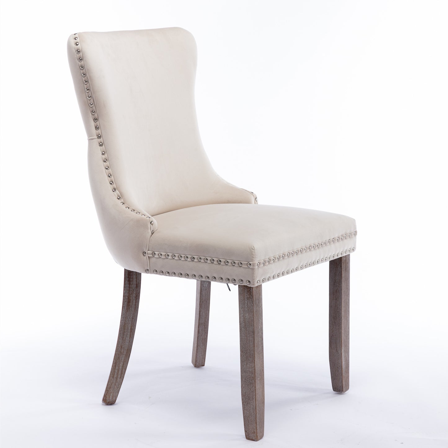 A&A Furniture,Cream Upholstered Wing-Back Dining Chair with Backstitching Nailhead Trim and Solid Wood Legs,Set of 2, Beige