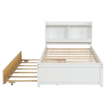 Twin Bed with Trundle,Bookcase,White