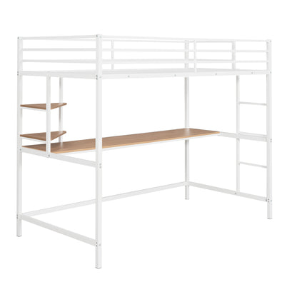 Twin Metal Loft Bed with Desk and Shelve,White