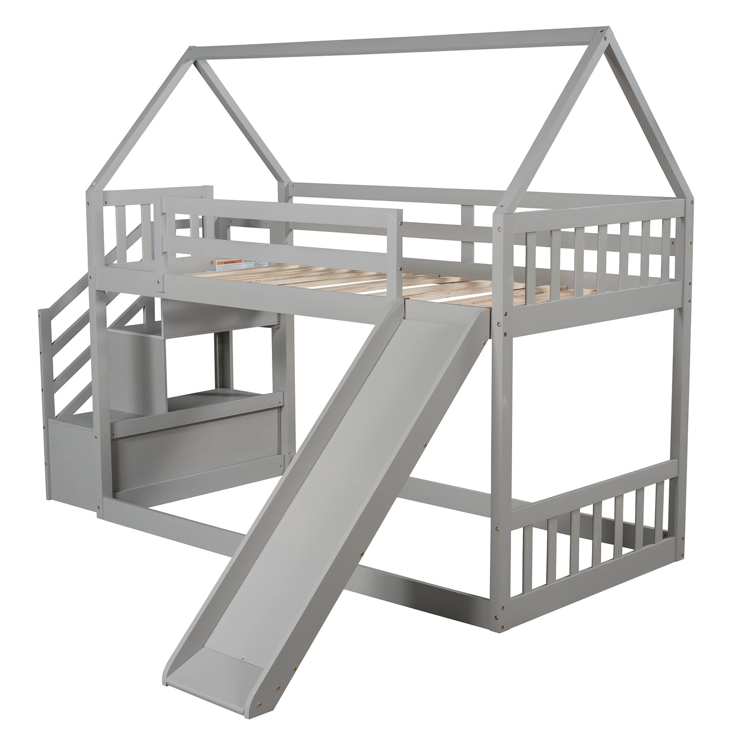 Twin over Twin House Bunk Bed with Slide and Storage Staircase,Grey