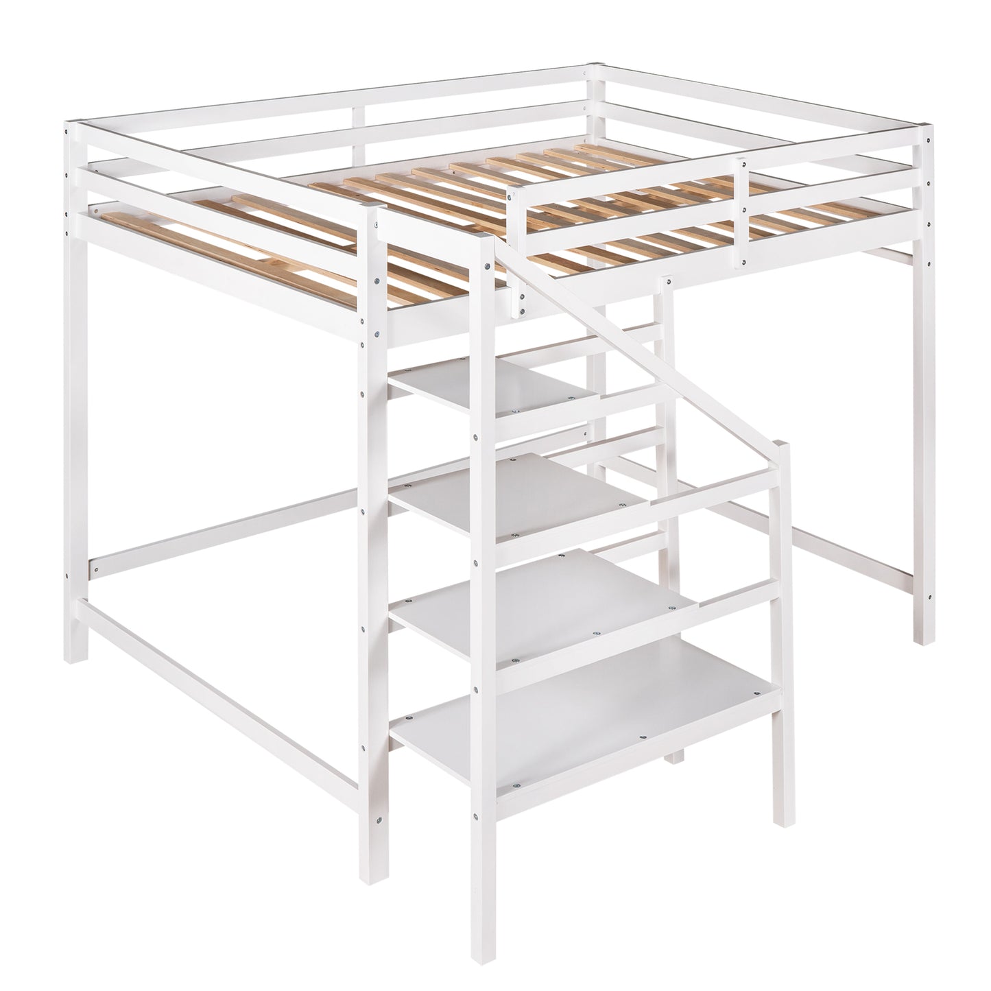 Full Size Loft Bed with Built-in Storage Staircase and Hanger for Clothes,White