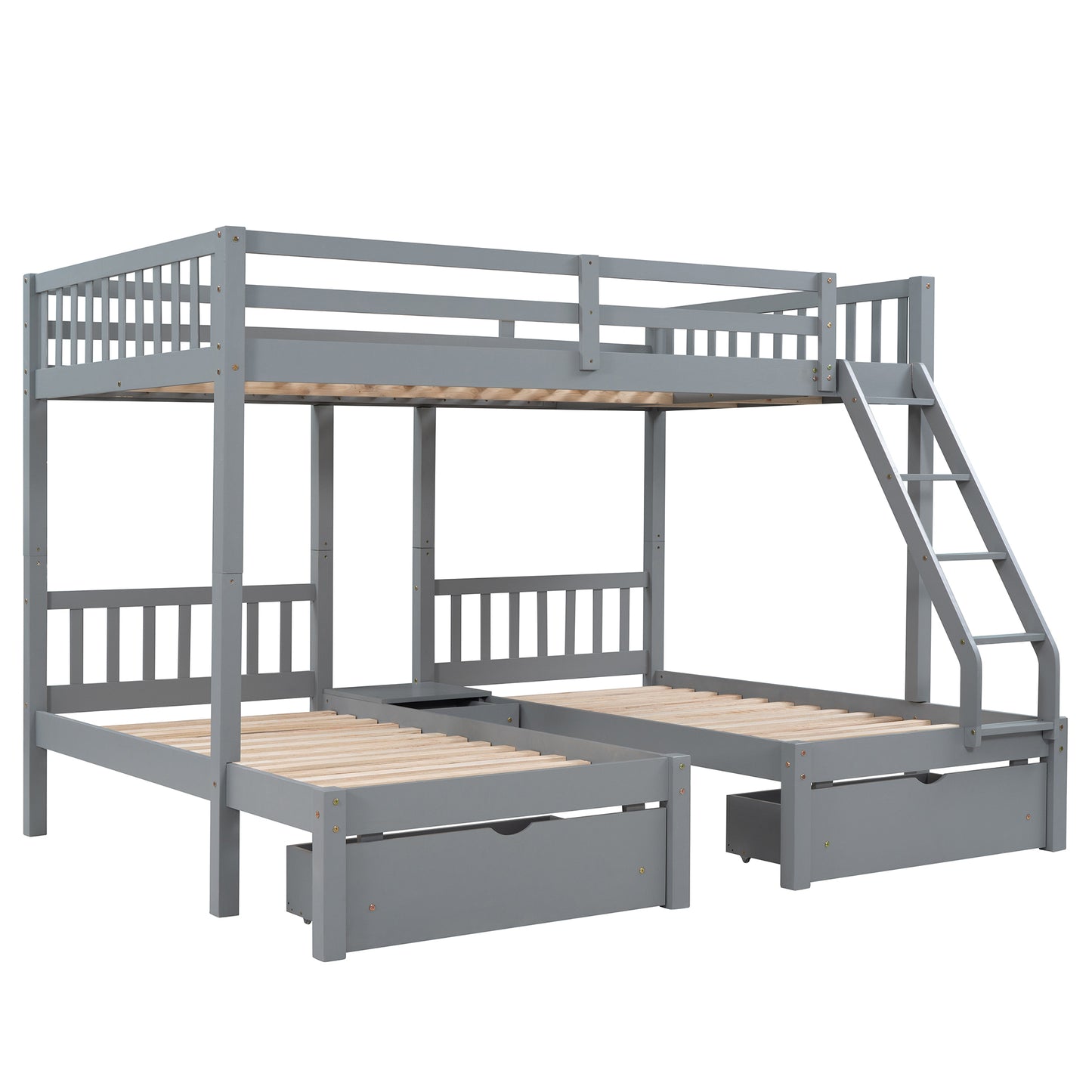 Full Over Twin & Twin Bunk Bed, Wood Triple Bunk Bed with Drawers and Guardrails  (Gray) （OLD SKU:LP000143AAE）