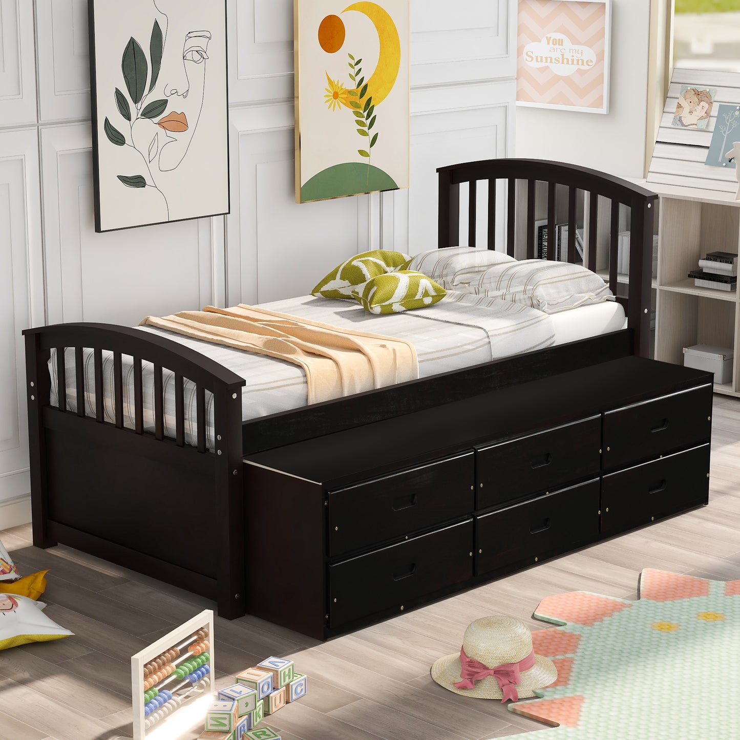 Orisfur. Twin Size Platform Storage Bed Solid Wood Bed with 6 Drawers