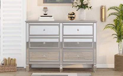 Elegant Mirrored Dresser with 6 Drawers, Modern Silver Finished Dresser 56.1“L x 18.1” W x 36.4” H for Living Room Bedroom