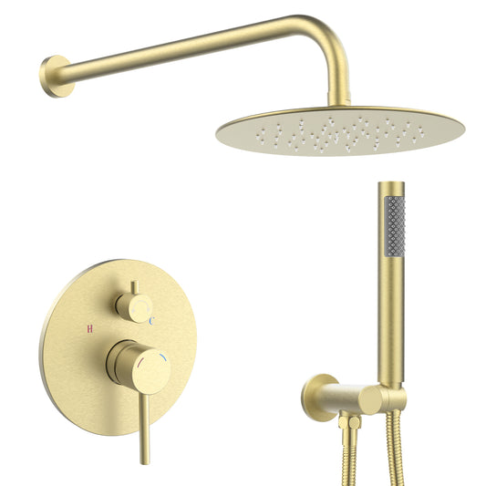 Shower System Shower Faucet Combo Set Wall Mounted with 10" Rainfall Shower Head and handheld shower faucet, Brushed Gold Finish with Brass Valve Rough-In