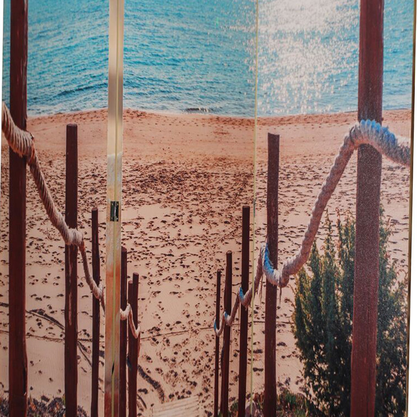 71 Inch 3 Panel Room Divider, Beach Theme, Dual Side Print, Multicolor