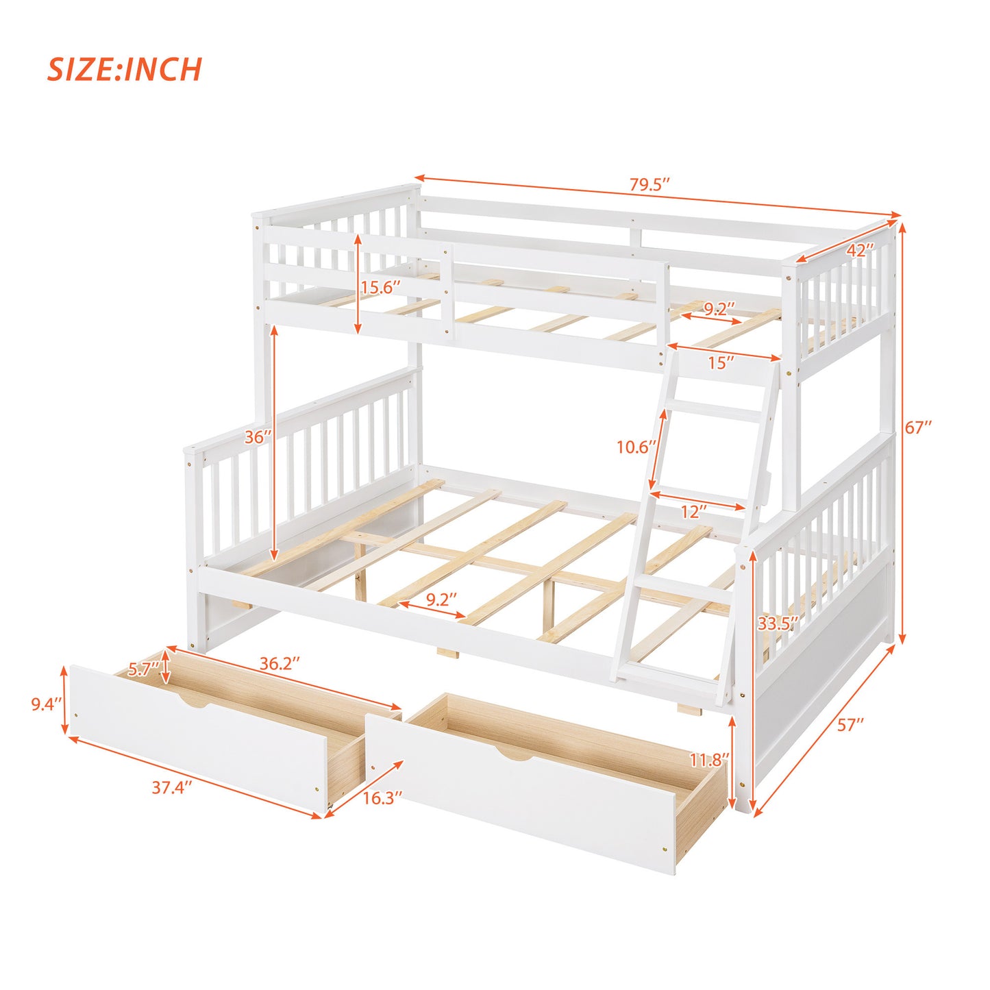 Twin-Over-Full Bunk Bed with Ladders and Two Storage Drawers (White) ( old sku:LT000165AAK）