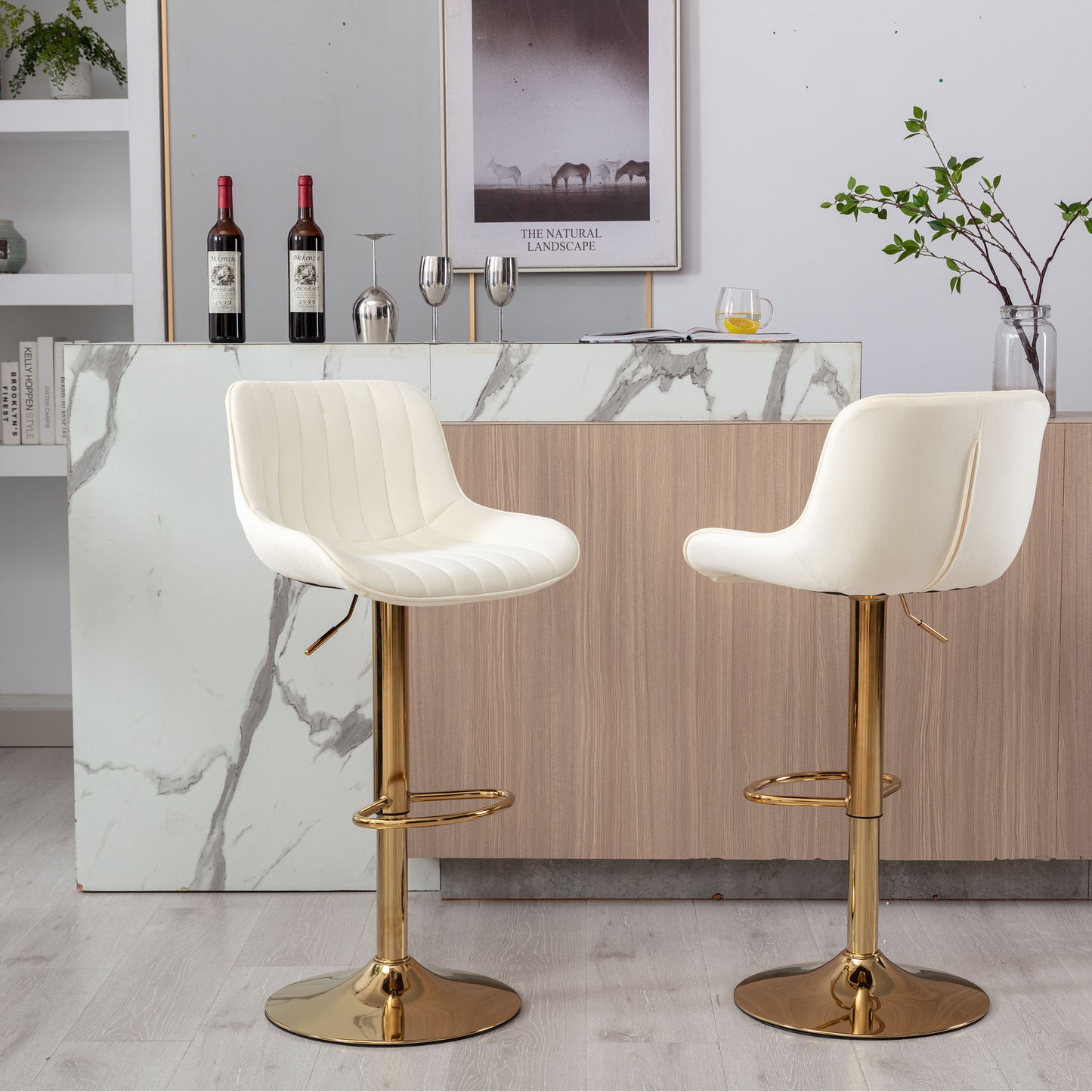 Chrome Footrest and Base Swivel Height Adjustable Mechanical Lifting Velvet + Golden Leg Simple Bar Stool,Set of 2,Ivory