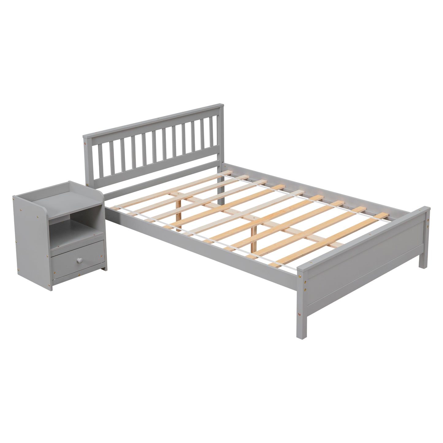 Full Bed with Headboard and Footboard for Kids, Teens, Adults,with a Nightstand,Grey