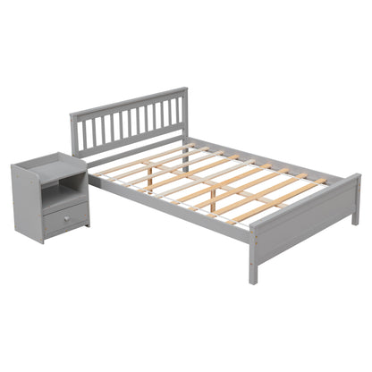 Full Bed with Headboard and Footboard for Kids, Teens, Adults,with a Nightstand,Grey