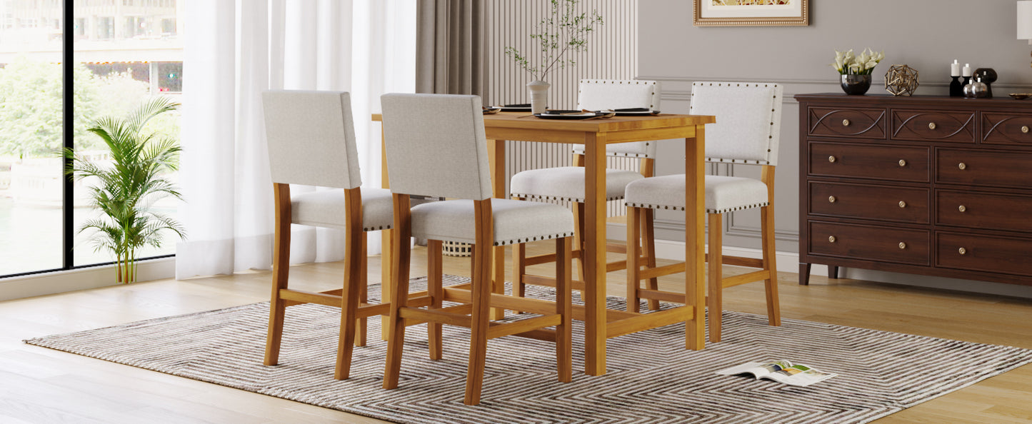 TOPMAX 5 Piece Rustic Wooden Counter Height Dining Table Set with 4 Upholstered Chairs for Small Places, Natural+Beige