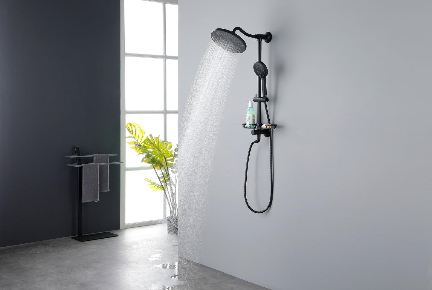 ShowerSpas Shower System, with 10" Rain Showerhead, 4-Function Hand Shower, Adjustable Slide Bar and Soap Dish, Matte Black Finish