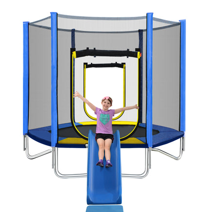 7FT Trampoline for Kids with Safety Enclosure Net, Slide and Ladder, Easy Assembly Round Outdoor Recreational Trampoline