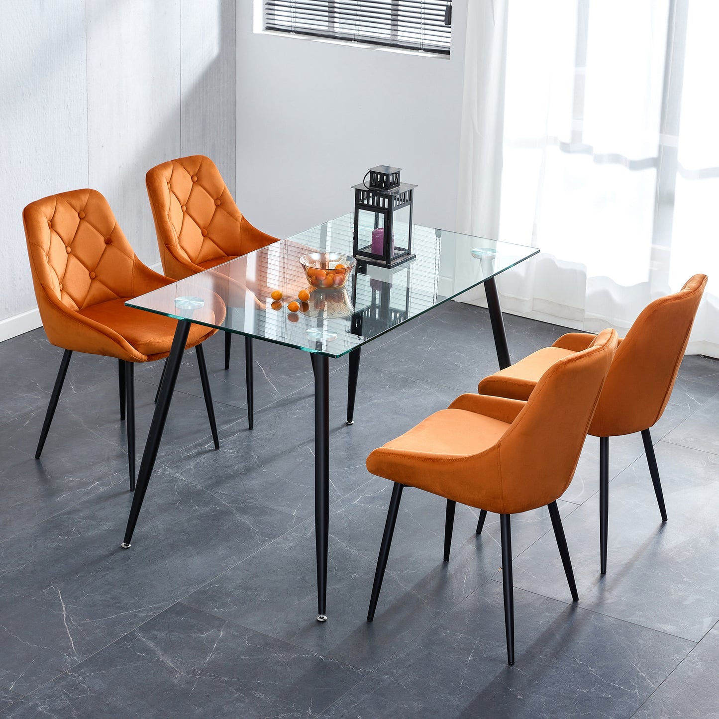 Kitchen Dining Room Metal legs Glass Table Set with 4 pcs orange velvet fabric dining chairs