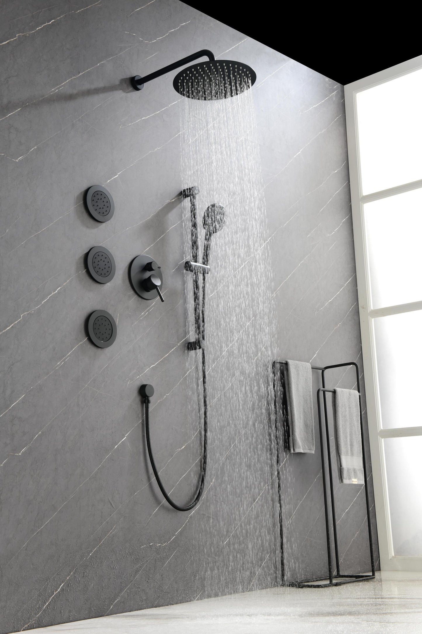 Shower System with Shower Head, Hand Shower, Slide Bar, Bodysprays, Shower Arm, Hose, Valve Trim, and Lever Handles